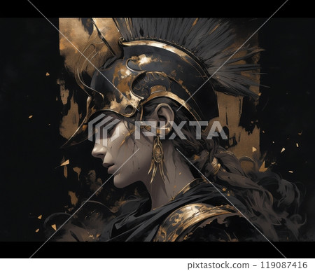 A striking profile of a warrior adorned in ornate golden armor, highlighting intricate details and a powerful stance against a dark background. 119087416