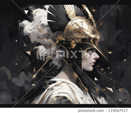 A striking profile of a warrior adorned in a golden helmet, embodying strength and elegance amidst a backdrop of dark, textured clouds. 119087417