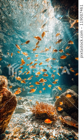 A vibrant underwater scene featuring schools of fish swimming amidst rocks and coral, illuminated by rays of sunlight filtering through the water. 119087461