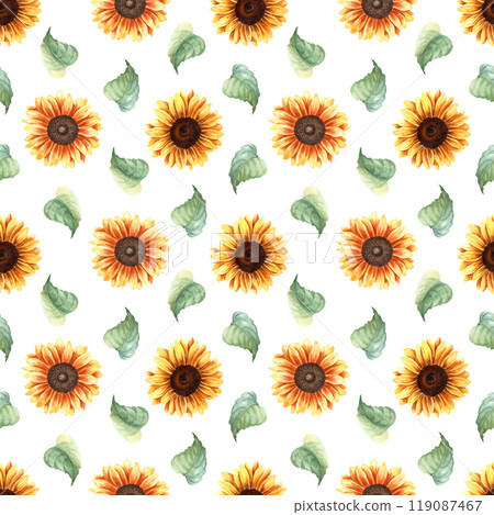 Watercolor seamless, repeat pattern with yellow sunflowers blooms and leaves. Hand drawn repeat pattern isolated on white background for wrapping wallpaper fabric textile Watercolor seamless, repeat pattern with yellow sunflowers blooms and leaves. Hand drawn repeat pattern isolated on white background for wrapping wallpaper fabric textile 119087467