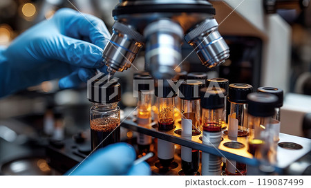 Scientist conducting analysis using microscope and test tubes in lab environment. Generative AI 119087499