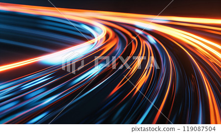 Vibrant neon light trails creating dynamic patterns on dark background. Generative AI 119087504