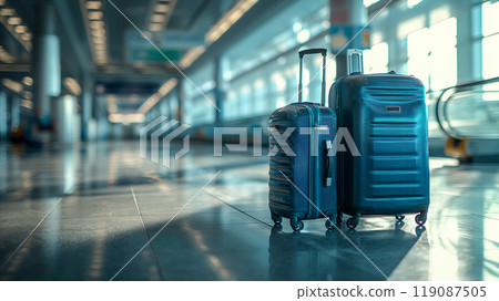 Two colorful suitcases waiting at airport terminal for their next journey, travel. Generative AI Two colorful suitcases waiting at airport terminal for their next journey, travel. Generative AI 119087505