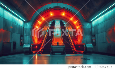 Modern escalators illuminated in futuristic underground station with soft lighting. Generative AI 119087507
