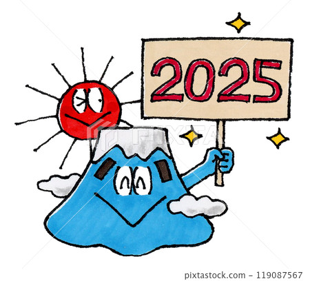 Mount Fuji and sun character holding a 2025 sign Mount Fuji and sun character holding a 2025 sign 119087567