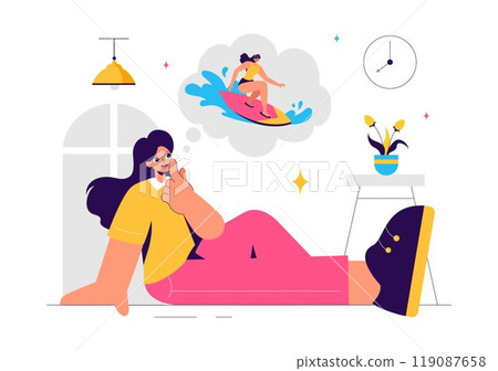 Vector Illustration of People Daydreaming, Imagining, and Fantasizing in Thought Bubbles in a Flat Style Cartoon Background Vector Illustration of People Daydreaming, Imagining, and Fantasizing in Thought Bubbles in a Flat Style Cartoon Background 119087658