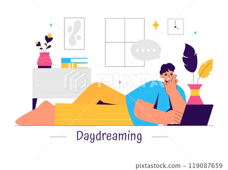 Vector Illustration of People Daydreaming, Imagining, and Fantasizing in Thought Bubbles in a Flat Style Cartoon Background Vector Illustration of People Daydreaming, Imagining, and Fantasizing in Thought Bubbles in a Flat Style Cartoon Background 119087659