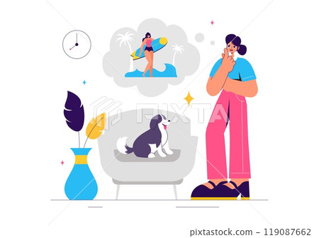 Vector Illustration of People Daydreaming, Imagining, and Fantasizing in Thought Bubbles in a Flat Style Cartoon Background 119087662