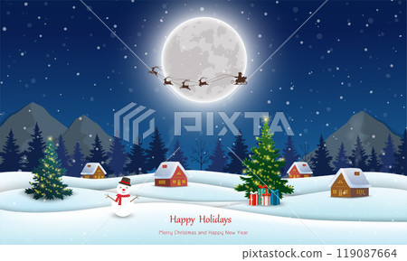 Winter landscape with Christmas night village and falling snow Winter landscape with Christmas night village and falling snow 119087664