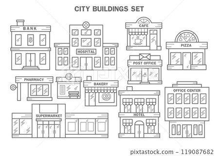 City buildings line icon set. Urban architecture elements. Bank, hospital, cafe, pizza, pharmacy, bus stop, bakery, post office, hotel and supermarket. Vector illustration EPS 10. 119087682