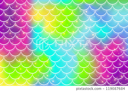 Mermaid rainbow background in fantasy style with scales. Unicorn bright gradient texture. Sea fish kawaii vector backdrop. 119087684