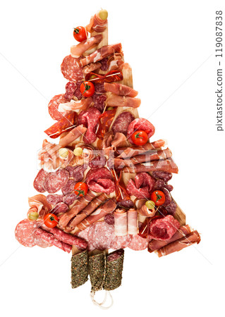 Christmas tree made of sausage on a background of a wooden wall Christmas tree made of sausage on a background of a wooden wall 119087838
