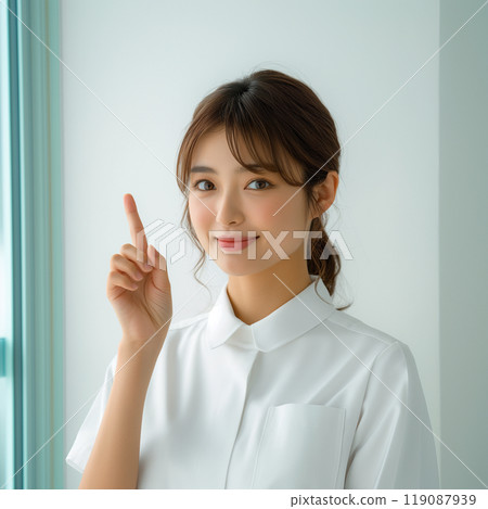 AI-generated image of a female nurse pointing AI-generated image of a female nurse pointing 119087939