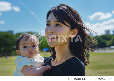 A woman holding a baby in a park with fresh greenery (AI-generated image) 119087948