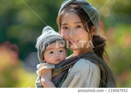 「人工智慧生成的圖像」：一位婦女在清新的綠色公園裡抱著嬰兒 119087952
