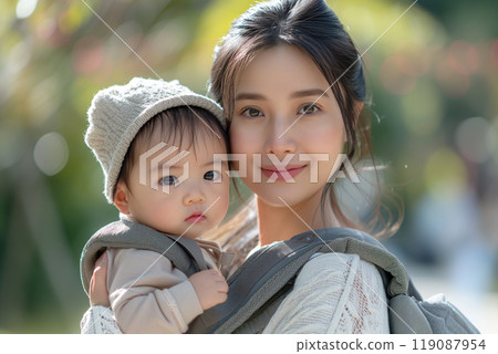 「人工智慧生成的圖像」：一位婦女在清新的綠色公園裡抱著嬰兒 119087954