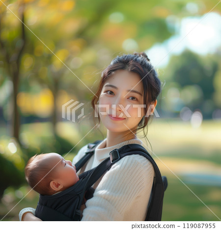 A woman holding a baby in a park with fresh greenery (AI-generated image) 119087955