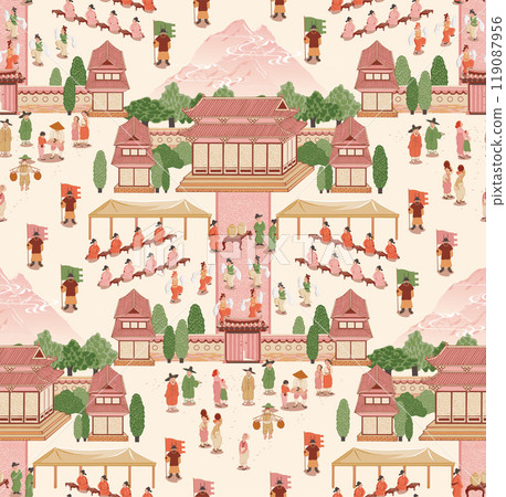 Seamless pattern vector illustration of Korean Traditional Folk Paintings Depicting Historical Events.	 Seamless pattern vector illustration of Korean Traditional Folk Paintings Depicting Historical Events.	 119087956