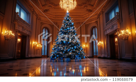 Elegant Christmas tree with blue and silver ornaments, set in a luxurious ballroom with chandeliers and marble floors. Christmas 119088079