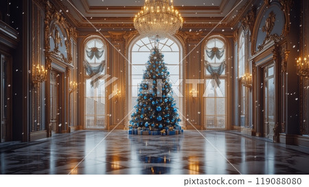 Luxurious Christmas scene with a decorated tree, chandeliers, marble floors, and falling snow visible through large windows. Christmas 119088080