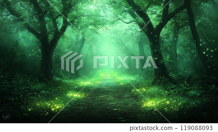 serene forest path illuminated by glowing fireflies creates magical atmosphere. lush greenery and soft light evoke sense of tranquility and wonder 119088093