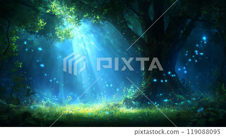 serene forest scene illuminated by soft rays of light filtering through trees, creating magical atmosphere filled with glowing blue orbs. lush greenery and tranquil setting evoke sense of peace and 119088095
