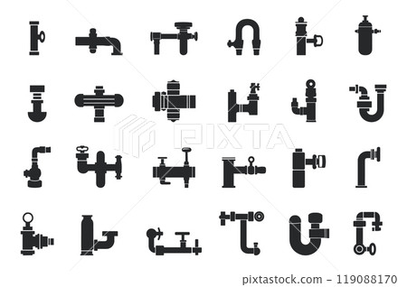 Sanitary engeneering black icons set. Plumbing pipes with valve and taps for water gaz. construction industrial faucet tube design element. Black and white simple flat style. Isolated vector on white 119088170