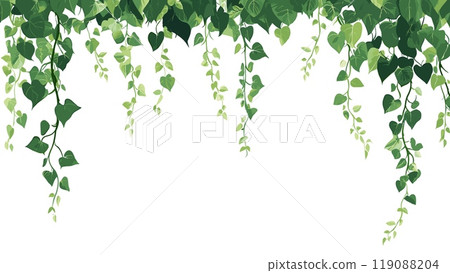 Creeper plant garland border. Green liana climbing garden wild plant frame. Evergreen leaves dangling foliage branches ivy vines. Place for text. Natural botanical wedding card design. Vector 119088204