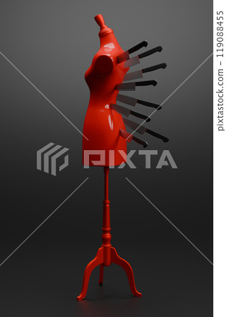 3d rendering Red Mannequin stab by knife, criminal concept design illustration isolated on black background with copy space 119088455