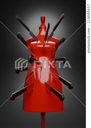3d rendering Red Mannequin stab by knife, criminal concept design illustration isolated on black background with copy space 3d rendering Red Mannequin stab by knife, criminal concept design illustration isolated on black background with copy space 119088457