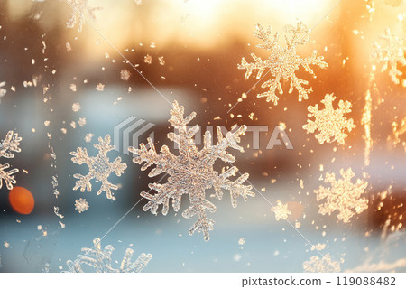 Silver abstract snowflakes on glass, snow flakes. Christmas or New Year festive winter background design. Generated by artificial intelligence 119088482
