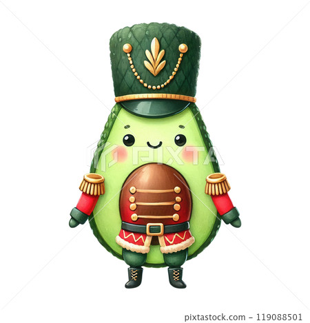 Cute avocado dressed as a nutcracker, wearing a festive uniform with a tall hat, epaulets, and a belt. Cute avocado dressed as a nutcracker, wearing a festive uniform with a tall hat, epaulets, and a belt. 119088501