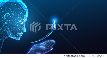 Futuristic AI robotics holding upward arrow. Growth, innovation, technological advancement, progress Futuristic AI robotics holding upward arrow. Growth, innovation, technological advancement, progress 119088558