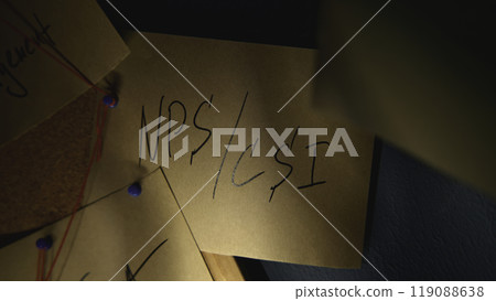 Lantern illuminates notes on board. Stock footage. Notes with words on blackboard in night office. Quest with rebus on notes with strings Lantern illuminates notes on board. Stock footage. Notes with words on blackboard in night office. Quest with rebus on notes with strings 119088638
