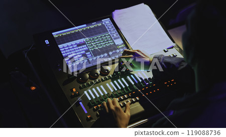 Audio equipment mixing. Media. Sound engineer and light engineer control modern console. Control of light and sound from console on modern performance Audio equipment mixing. Media. Sound engineer and light engineer control modern console. Control of light and sound from console on modern performance 119088736