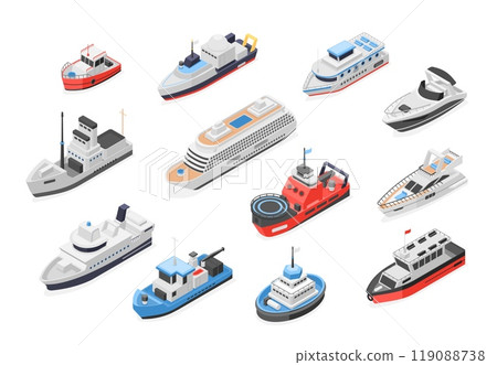 Isometric sea ships. Passengers cargo military 3d vessels. Sea logistic transport, ocean travel and transportation. Boats yachts flawless vector clipart 119088738
