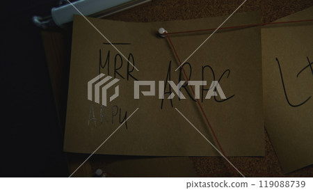Night office with notes. Stock footage. Light of lantern illuminates inscriptions on stickers with strings in night office. Mysterious stickers with rebus values 119088739