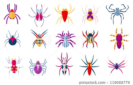 Flat spiders. Abstract decorative spider, spooky vibrant insects set. Halloween creepy characters. Venomous dangerous neoteric vector insect 119088779