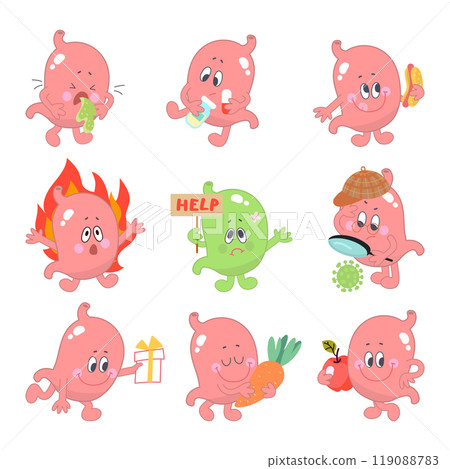 Cartoon stomach. Human stomach eating hot dog and healthy food, looking and need help. Prevention and treatment, heartburn gastritis nowaday vector icons 119088783