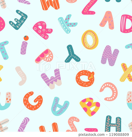Doodle letters alphabet seamless pattern. Decorative hand drawn children letter, abc fabric wrapping print design. Abstract vector background 119088809
