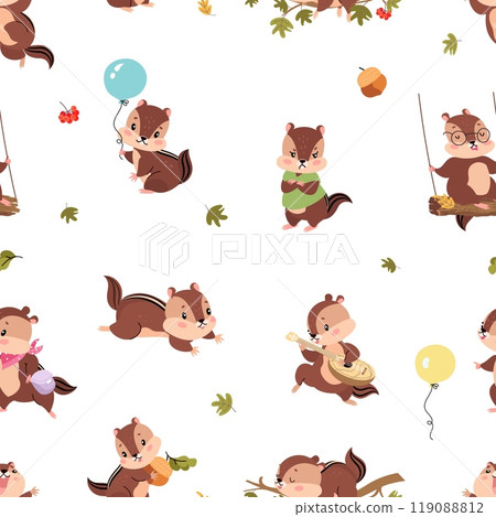 Cute cartoon chipmunks seamless pattern. Chipmunk with leaf, balloon, musical instrument. Funny animals fabric print design, vector background Cute cartoon chipmunks seamless pattern. Chipmunk with leaf, balloon, musical instrument. Funny animals fabric print design, vector background 119088812