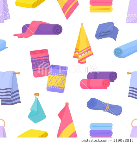 Cartoon vibrant towels. Seamless pattern with towel for bathroom and kitchen. Hygiene napkins, fabric rolls and piles. Decorative vector background Cartoon vibrant towels. Seamless pattern with towel for bathroom and kitchen. Hygiene napkins, fabric rolls and piles. Decorative vector background 119088815