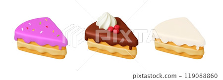 Cake pieces 3d elements. Isolated cakes, birthday marriage anniversary food. Sweet dessert piece with topping and cream, chocolate, vector set 119088860