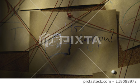 Drawings on stickers in office. Stock footage. Rebus with pictures on pieces of paper in guest room. Night quest with mysterious drawings on stickers 119088972