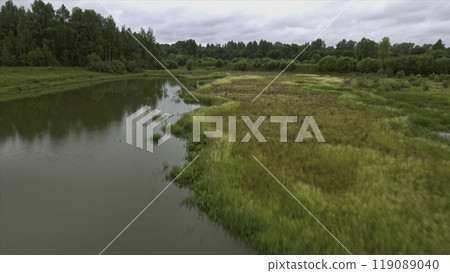 Top view of river with swamp in forest. Stock footage. Beautiful landscape with swampy terrain in cloudy weather. Mysterious landscape of swamp 119089040