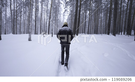 Stylish young man walking in winter forest. Media. Rear view of man walking in winter forest. Walking along path with falling snow in winter forest Stylish young man walking in winter forest. Media. Rear view of man walking in winter forest. Walking along path with falling snow in winter forest 119089206