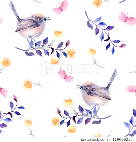 Small round bird in pastel purples on branch watercolor seamless pattern isolated. Repeated background with tiny bird butterfly and flower sketch hand drawn. Bird nature art design for wallpaper. 119089233