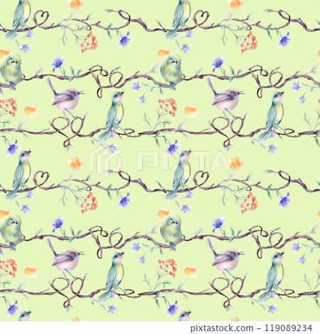 Tree branches with tiny birds, watercolor floral elements on seamless pattern isolated. Delicate flowers and cute little birds on tree hand drawn design on repeated background for home textile. 119089234