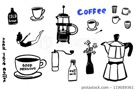 Coffee brewing doodle set, trendy line illustrations for coffee lovers, modern bold black art on white. Cups, mug, french press and moka pot icons. Manual mill drawing, flower vase, cold brew and oat Coffee brewing doodle set, trendy line illustrations for coffee lovers, modern bold black art on white. Cups, mug, french press and moka pot icons. Manual mill drawing, flower vase, cold brew and oat 119089361