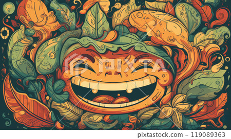 Funny cartoon character smiling surrounded by green leaves Funny cartoon character smiling surrounded by green leaves 119089363